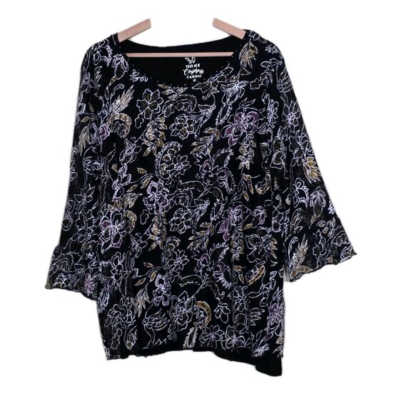 Canda C&A Top Womens L Black Floral Lined 3/4 Sheer Sleeves Lagenlook Whimsigoth - Picture 1 of 15